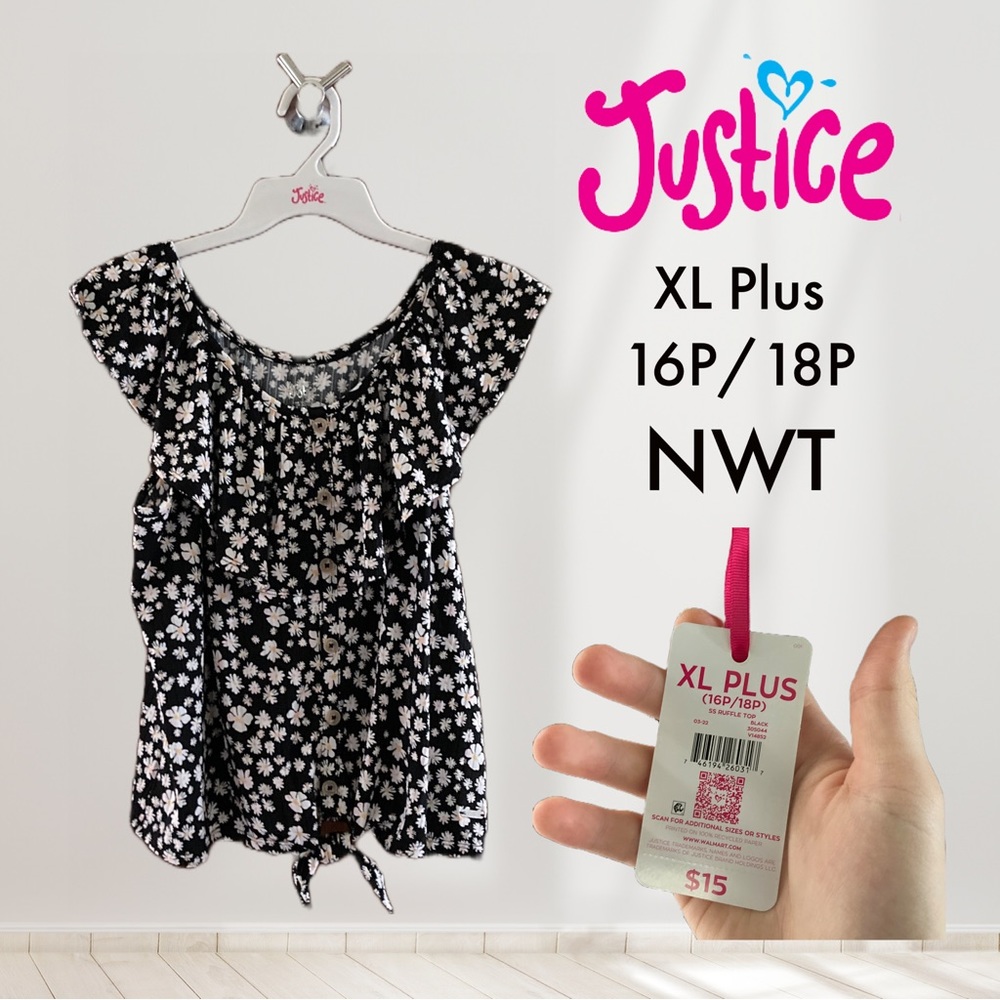 NWT Justice SS Ruffle Top XL Plus 16P/18P Black Top with White & Yellow Flowers